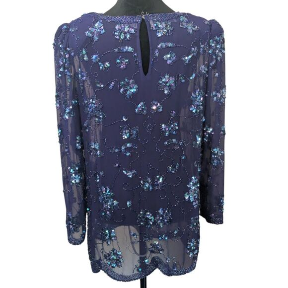 Vintage PEAK Starlink Hand-Beaded Tunic Top 10 Royal Blue Sequin Formal - Picture 5 of 5